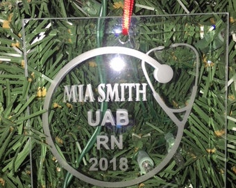 Medical/Nurse/Doctor/EMT/Stethoscope Personalized Glass Etched Christmas Ornament