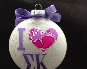 4" Sigma Kappa "I Heart Sigma Kappa" Sorority Glitter Christmas Ornament