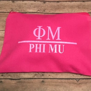 Phi Mu Sorority Cotton Canvas Make-Up/ Cosmetic Zipper Bag Lots of Colors to Pick From