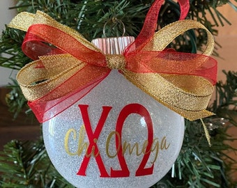 4" Personalized Chi Omega Sorority Glitter Christmas Ornament