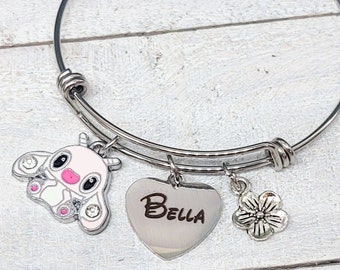 Personalized Custom Engraved Name Charm Pink Angel Lilo & Baby Stitch Charm bangle bracelet with hibiscus flower,   Ohana Family Bracelet