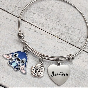 Personalized Custom Engraved Name Charm Lilo & Baby  Stitch Charm bangle bracelet with hibiscus flower,   Ohana Family Bracelet