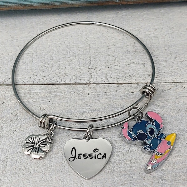 Personalized Custom Engraved Name Charm Lilo & Stitch Charm bangle bracelet with hibiscus flower,   Ohana Family Bracelet