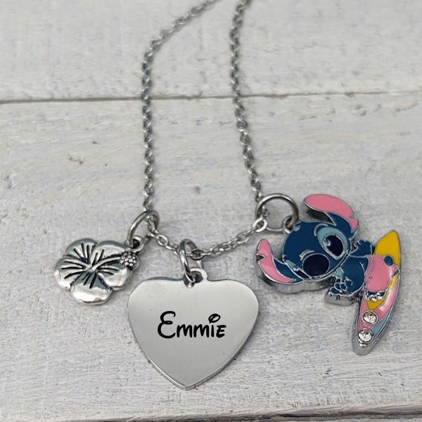 Personalized Custom Engraved Name Charm Lilo & Stitch Charm Necklace with hibiscus flower,  hawaiian  Ohana Means Family