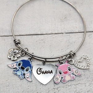 Ohana or Your Name Personalized Custom Engraved Lilo & Stitch , Angel Charm bangle bracelet with flower, Heart,  Stitch Bracelet, Jewelry