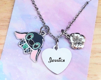 Collar con dije de Lilo y Stitch, grabado personalizado con nombre y flor de hibisco, estilo hawaiano "Ohana significa familia", el más vendido.