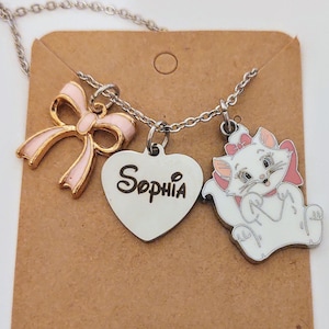 The Aristocats Marie Cat Personalized Custom Engraved Name Charm Necklace  with Pink Bow, Charm Disney inspired, Pink Cat