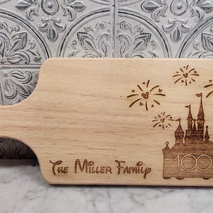 Disney Castle 100 Years Fireworks w/ Personalized Name Engraved Wood Cutting Board 13&quot; w/ handle Custom Name Kitchen Decor, Couple, Family