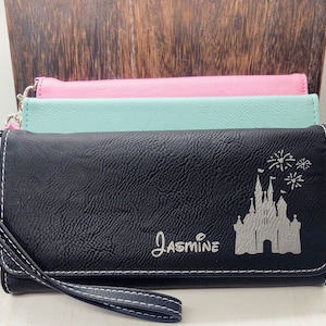 Personalized Disney Cinderella Castle Custom Wallet Engraved Name Mickey Mouse Fireworks Birthday Christmas Stocking Stuffer Purse