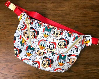 XL Mickey Mouse Christmas Lights Goofy Donald Daisy Pluto Minnie Crossbody Belt Bag 14" Disney Inspired Park Purse, Fanny Pack