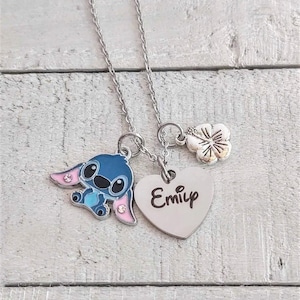 Personalized Custom Engraved Name Charm Lilo &  Stitch Charm Necklace with hibiscus flower, hawaiian Ohana Means Family Best Seller