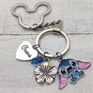 Ohana Lilo & Stitch Charm key chain  with hibiscus flower Ohana Family Bracelet key ring Option to personalize with name