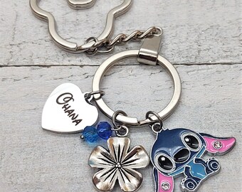 Ohana Lilo & Stitch Charm key chain  with hibiscus flower Ohana Family Bracelet key ring Option to personalize with name