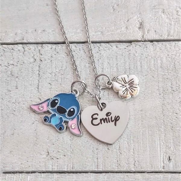 Personalized Custom Engraved Name Charm Lilo & Baby Stitch Charm Necklace with hibiscus flower,  hawaiian  Ohana Means Family