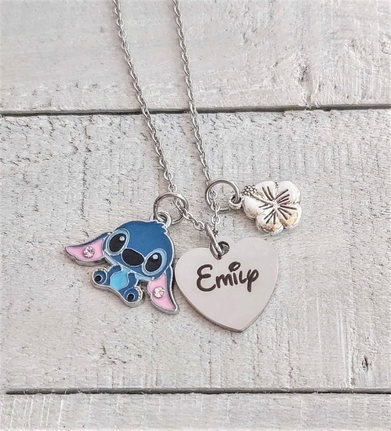 Personalized Custom Engraved Name Charm Lilo & Baby Stitch Charm Necklace with hibiscus flower, hawaiian Ohana Means Family image 1