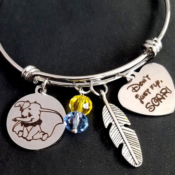 Dumbo Don't Just Fly Soar Movie Bangle Charm Bracelet, Feather, Disney Inspired Personalized custom name