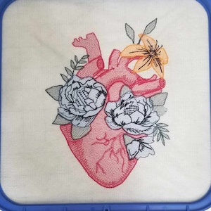 Anatomical Heart with Flowers Machine Embroidery File, Instant Download, Floral Heart Embroidery Design, Human Heart embroidery with flowers