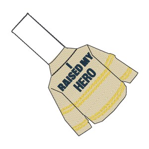 May include: A beige and yellow firefighter jacket with the text "I Raised My Hero" embroidered on the back.