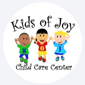 May include: Kids of Joy Child Care Center logo featuring three cartoon children with different skin tones, each holding a letter K, O, and J, respectively. The children are smiling and have their arms raised in the air.