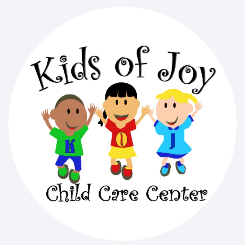 May include: Kids of Joy Child Care Center logo featuring three cartoon children with different skin tones, each holding a letter K, O, and J, respectively. The children are smiling and have their arms raised in the air.