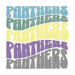 May include: A graphic design featuring the word "PANTHERS" stacked five times in different colors: light blue, green, yellow, purple, and gray. The text has a wavy, retro font style, with a white background.