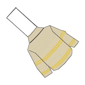 May include: A beige sweater with yellow stripes. The sweater has a high neck and long sleeves.