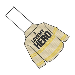 May include: Beige sweater with yellow stripes and the text "I LOVE MY HERO" in black.