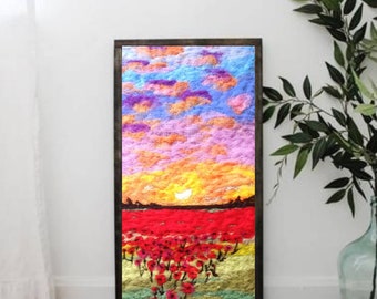 Red Poppy Flower Wool Painting, Landscape Felted Wall Decor, Countryside Felt Painting, Flower landscape, Needle Felted Art, Gift For Wife