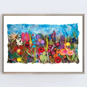 Garden Wild Flowers Wet felted Wool Painting, Floral wool picture, wool wall hanging