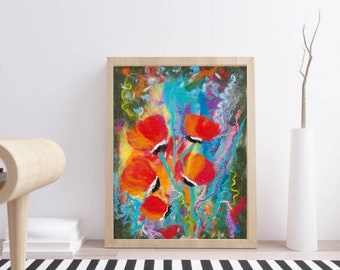 Red Poppy original abstract  wet felted wool painting, Botanical Tapestry
