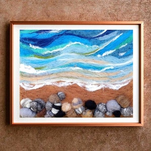 Waves and Rocks Wool Painting: Felted Seaside Decor