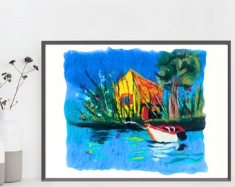 Gefilzte Wandkunst Haus am See mit Boot Fasermalerei
