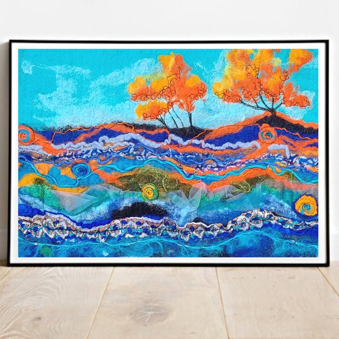 Blue Landscape Felt Art, Nature Felt Art, Soft Summer Fields Wool