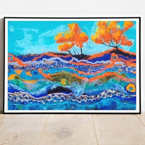 Blue Landscape Felt Art, Nature Felt Art, Soft Summer Fields Wool Painting, Embroidered Nature Felt Art, textile wall art.