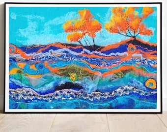 Blue Landscape Felt Art, Nature Felt Art, Soft Summer Fields Wool Painting, Embroidered Nature Felt Art, textile wall art.