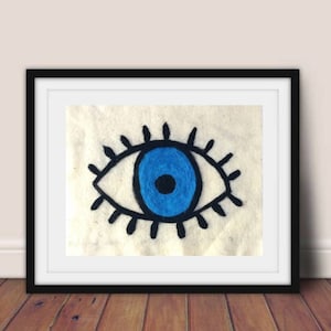 Nazar Blue Evil Eye Wool Painting, Nazar Amulet art, Turkish Evil Eye Needle Felted Art, Greek Blue Eye Wall Decor, Bohemian Talisman