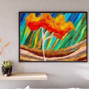 Trees felt art, Wool painting, textile wall art, felted wool decor, felt artwork.