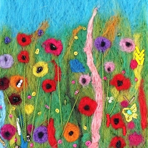 WILD FLOWERS FIELD needle Felted Art, Beaded Embroidered Wool Painting.