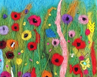 WILD FLOWERS FIELD needle Felted Art, Beaded Embroidered Wool Painting.