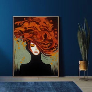 Fire woman, Woman Wool Painting, Abstract Felt Art, needle felted Figurative art
