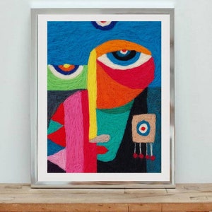 Cubist needle felted wool Painting, Textile wall art, Nazar amulet art.