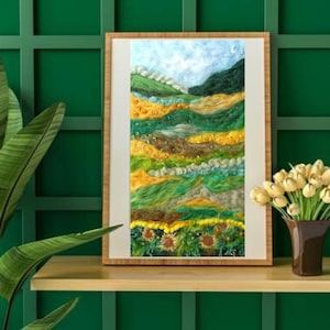 Green Fields and Yellow Sunflowers Wool Painting, Ucrainia Flowers Landscape Felt Art, Needle Felted Wall Decor, Embroidered Felt Painting.