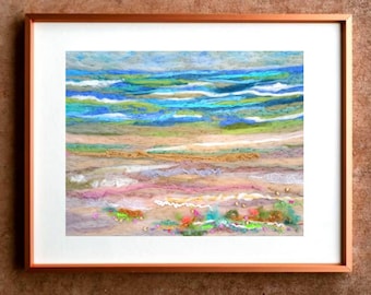 By The Sea Wool Painting, Abstract Landscape Felt Painting, Seaside Art, Gift for Mothers Day, Needle Felted Art Decor, Tapestry