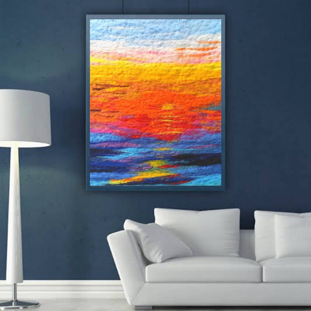 ROMANTIC SUNSET, Felt Wall Art, Needle Felted Sunset Wool Painting