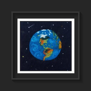 Planet earth felt wall art, needle felted world wool painting, textile felt picture