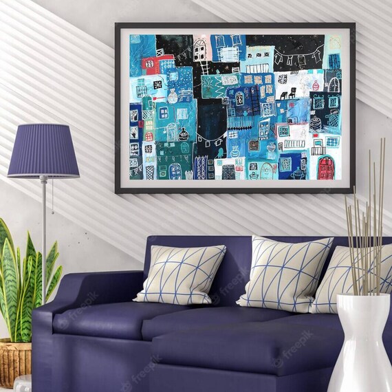 Blue Mediterranean Abstract Canvas Painting: Turkish Wall Decor