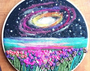 Space Needle Felted Embroidered Hoop Art, Starry Night Wool Painting, Abstract Landscape Felted Picture, Modern Fiber Wool Wall Decor.