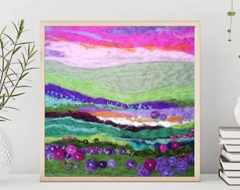 Purple Flowers - Original wool painting, Floral Abstract Painting, Landscape fiber art, Gift for Mom Who Love Craft, Wall Decor,