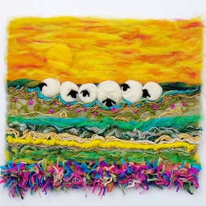 Abstract Orange Landscape with Sheep Wool painting,   textile wall art, Noel Art gift