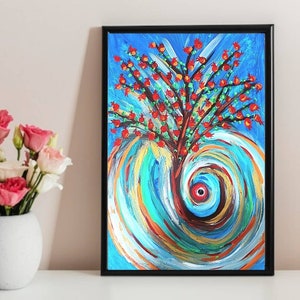 Mystic pomegranate tree painting, Abstract pomegranate art, abundance amulet decor, turkish wall decor, Pomegranate art decor